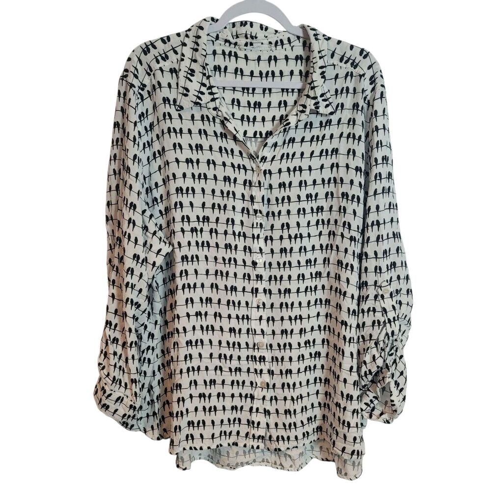 Jane & Delancy Bird Print Button Up Shirt Womens Size 3X White Black Lightweight